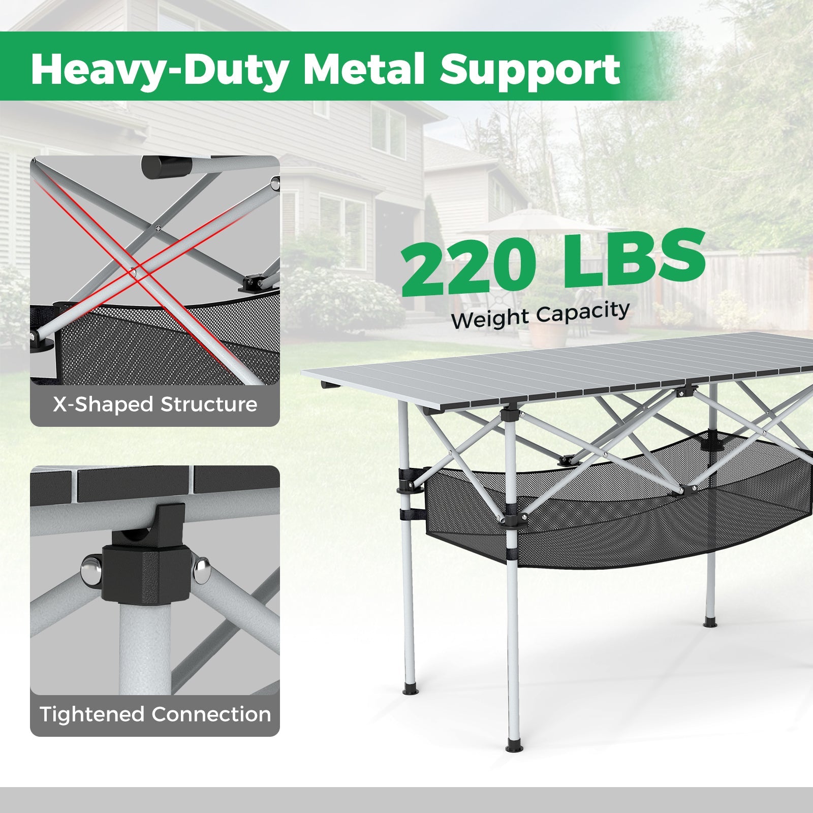 Patio Folding Camping Table with Roll-up Tabletop and Mesh Basket