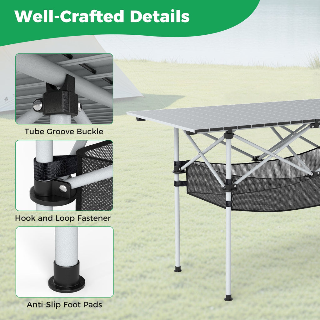 Patio Folding Camping Table with Roll-up Tabletop and Mesh Basket