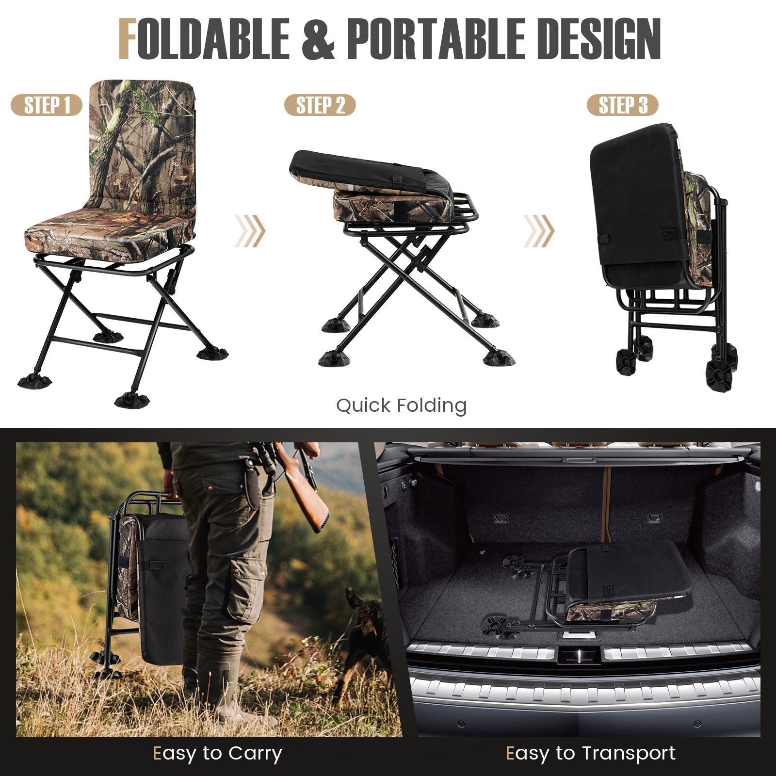 Swivel Folding Chair with Backrest and Padded Cushion