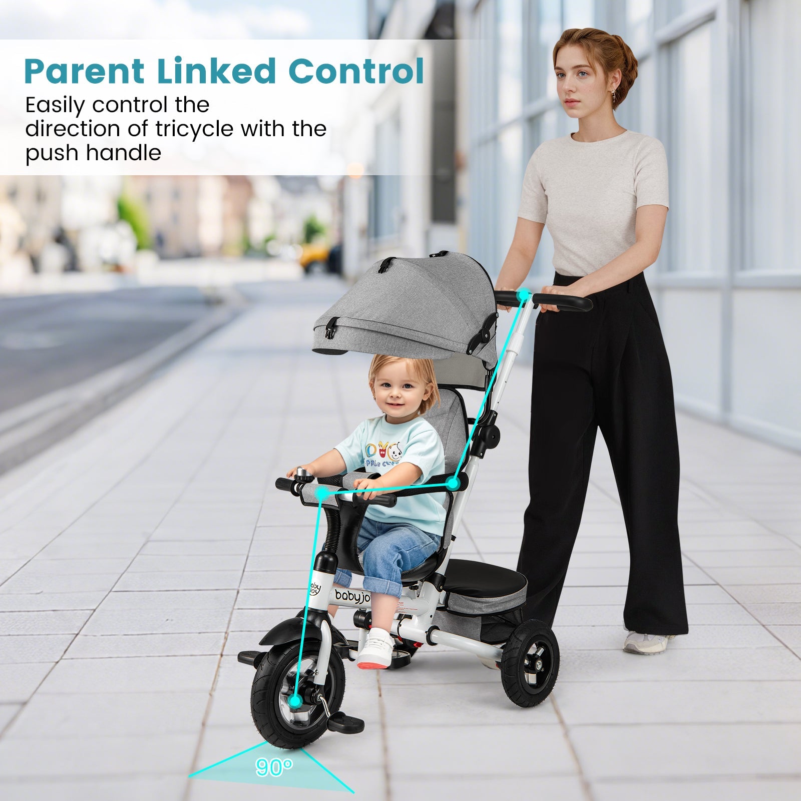 Folding Tricycle Baby Stroller with Reversible Seat and Adjustable Canopy-Gray