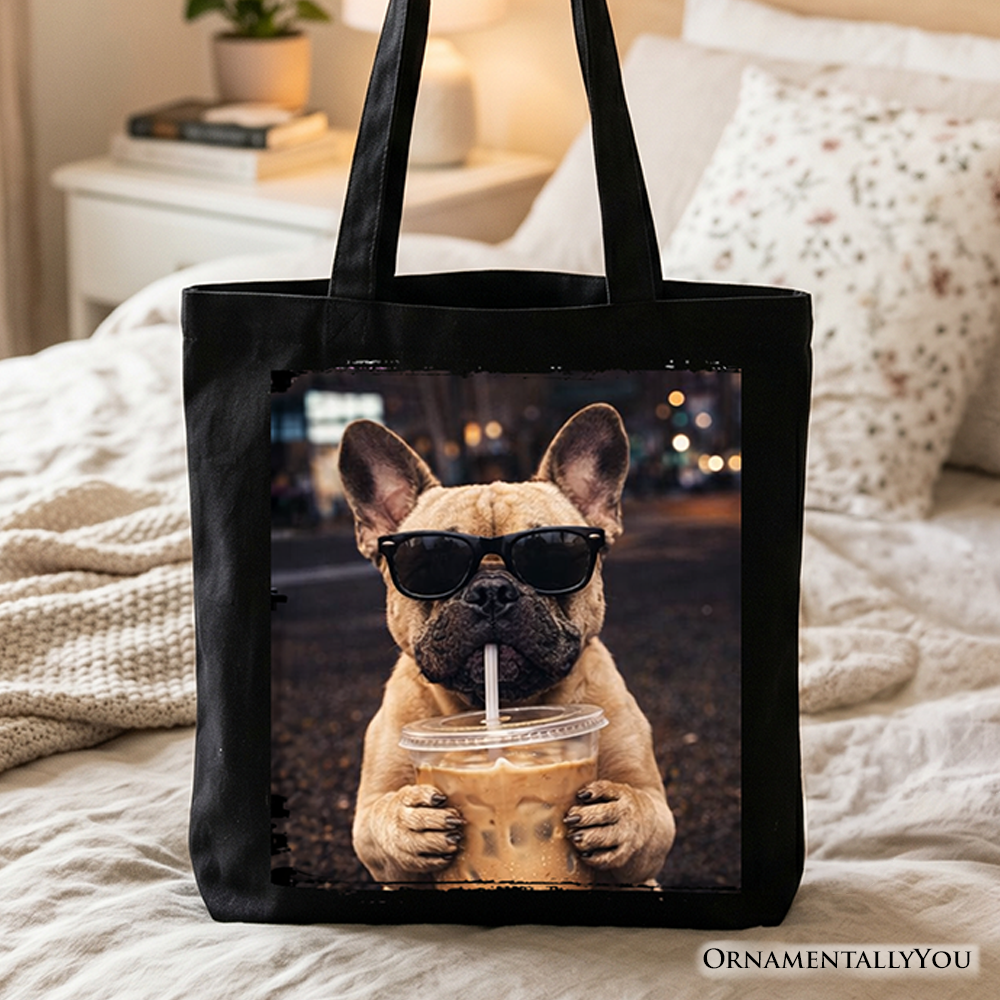 French Bulldog Iced Coffee Tote Bag, Funny Dog Parents Gift Shopper