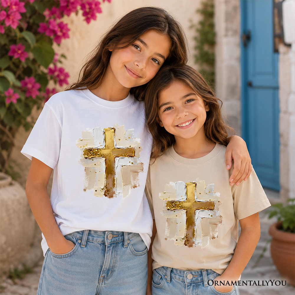 Kids Oil Brushstroke Cross T-Shirt, Christian Faith Jesus Easter Tee for Youth