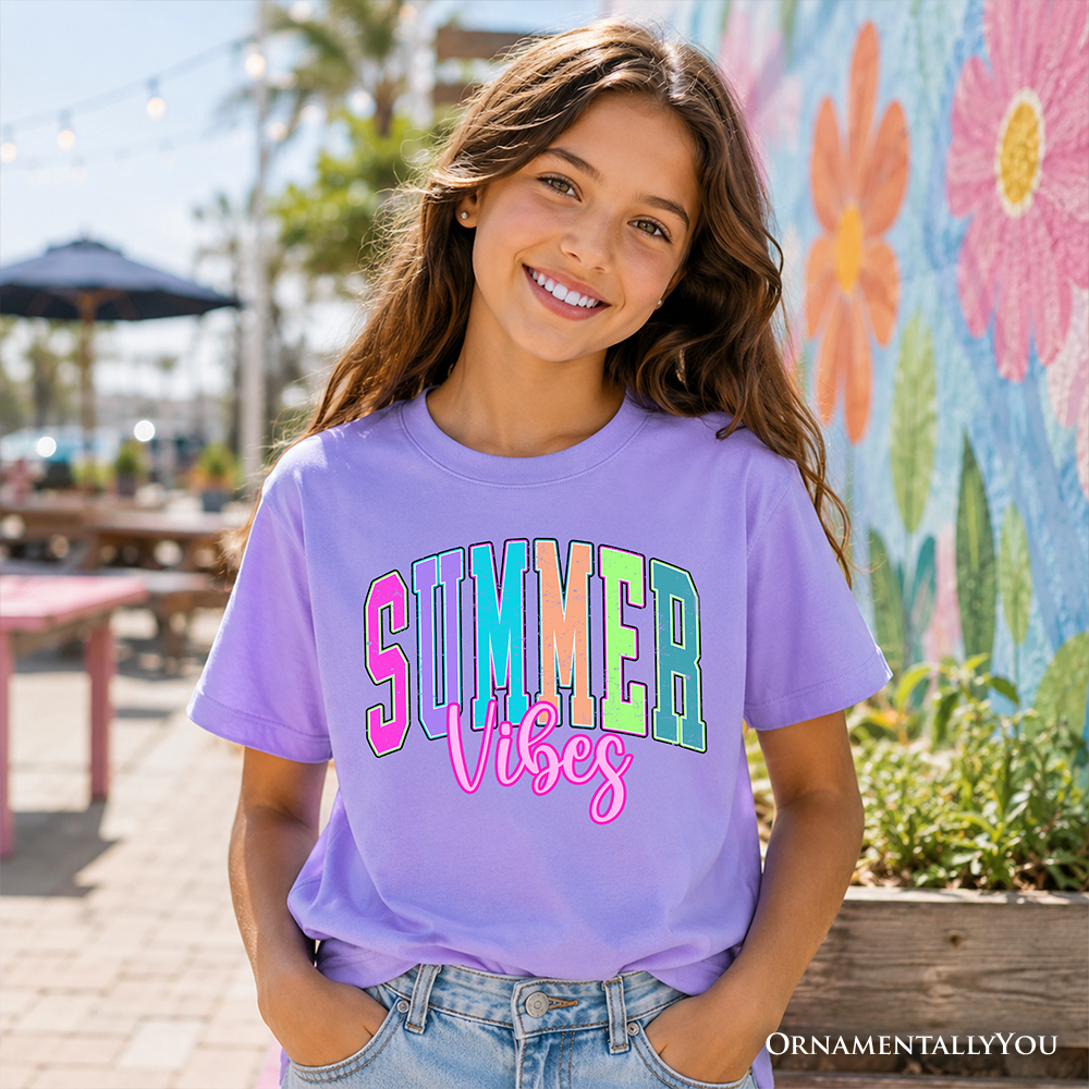Kids Summer Vibes Neon Varsity T-Shirt, Retro Beach Tee for Youth