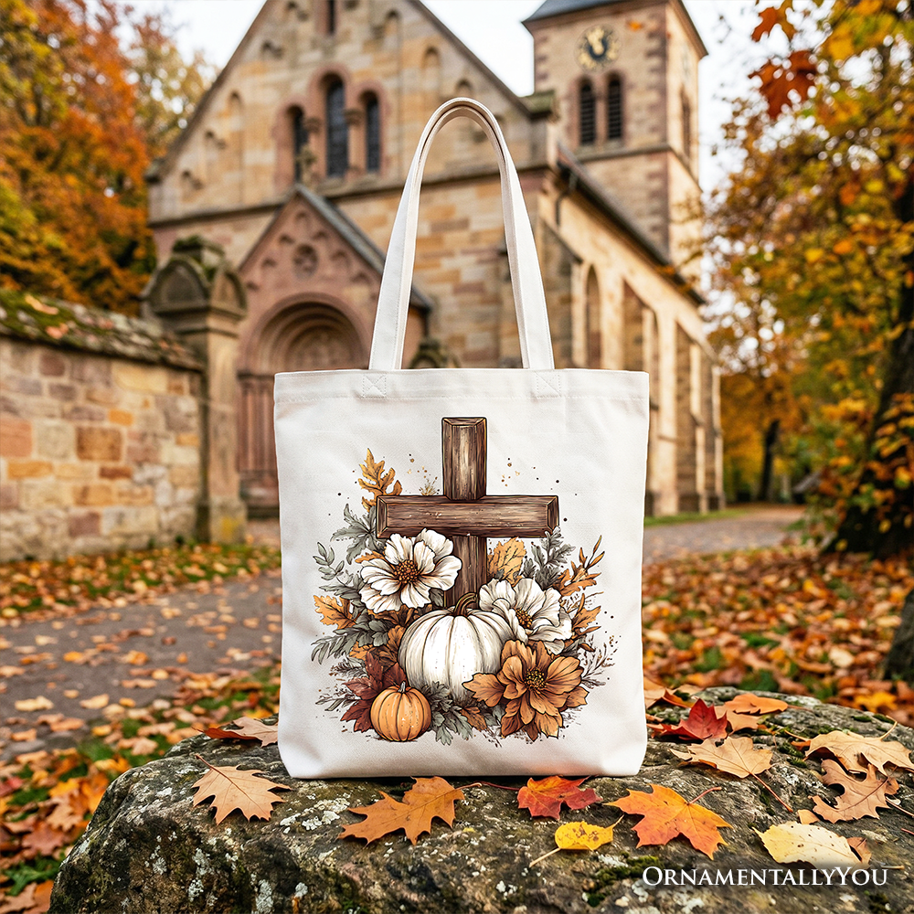 Christian Floral Pumpkin Cross Tote Bag, Boho Religious Fall Gift Shopper