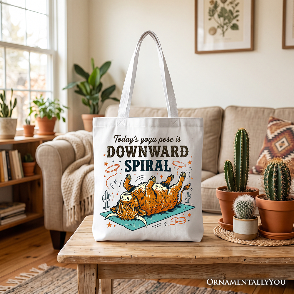 Yoga Highland Cow Tote Bag, Funny Downward Spiral Mental Health Gift Shopper