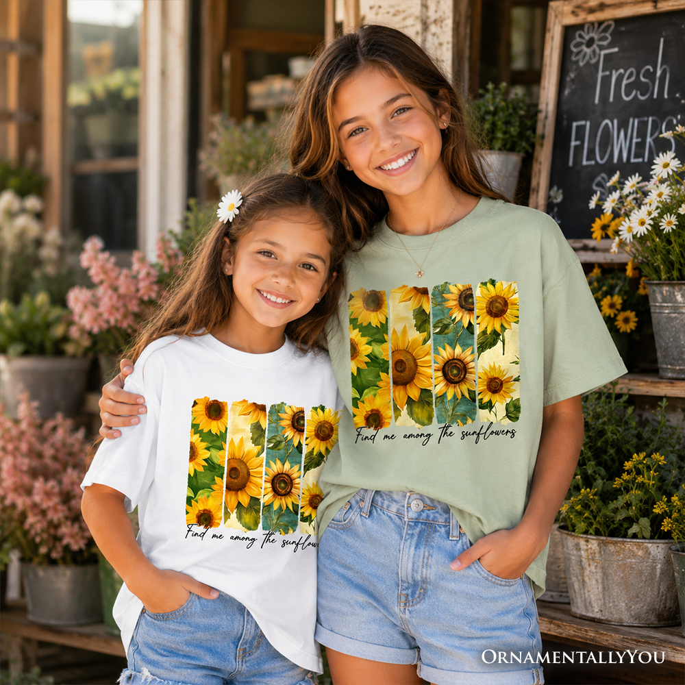 Find Me Among the Sunflowers Kids T-Shirt, Floral Tee for Youth Girls