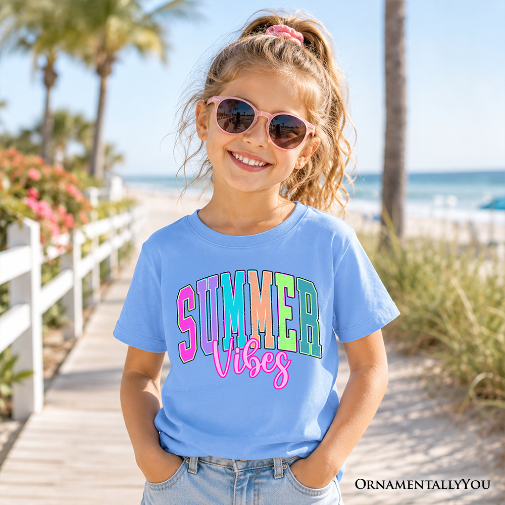Kids Summer Vibes Neon Varsity T-Shirt, Retro Beach Tee for Youth