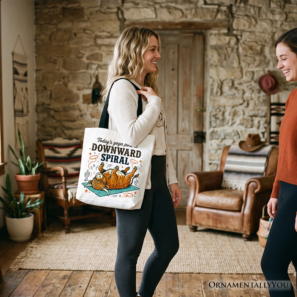 Yoga Highland Cow Tote Bag, Funny Downward Spiral Mental Health Gift Shopper