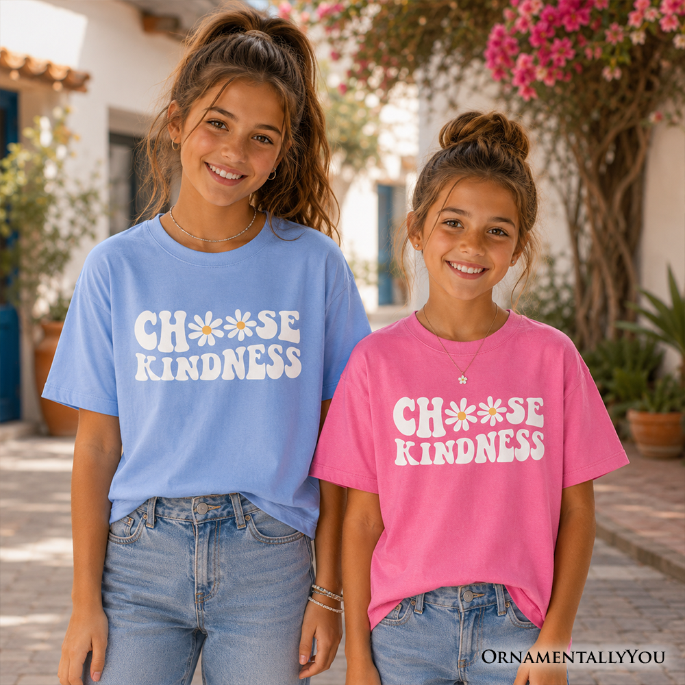 Choose Kindness Daisies Kids T-Shirt, Retro Groovy Positive Quote Tee for Youth