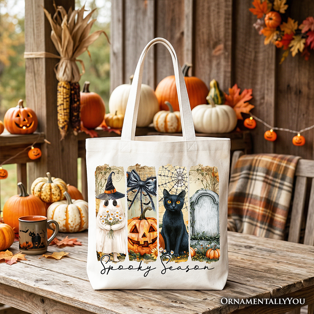 Fall Spooky Season Brushstroke Tote Bag, Coquette Vintage Ghost Cat and Pumpkin Gift Shopper