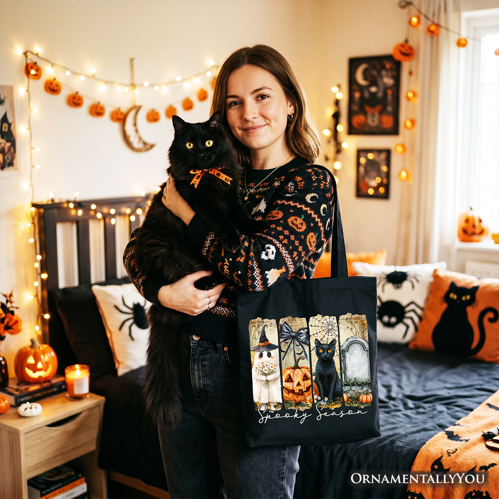 Fall Spooky Season Brushstroke Tote Bag, Coquette Vintage Ghost Cat and Pumpkin Gift Shopper