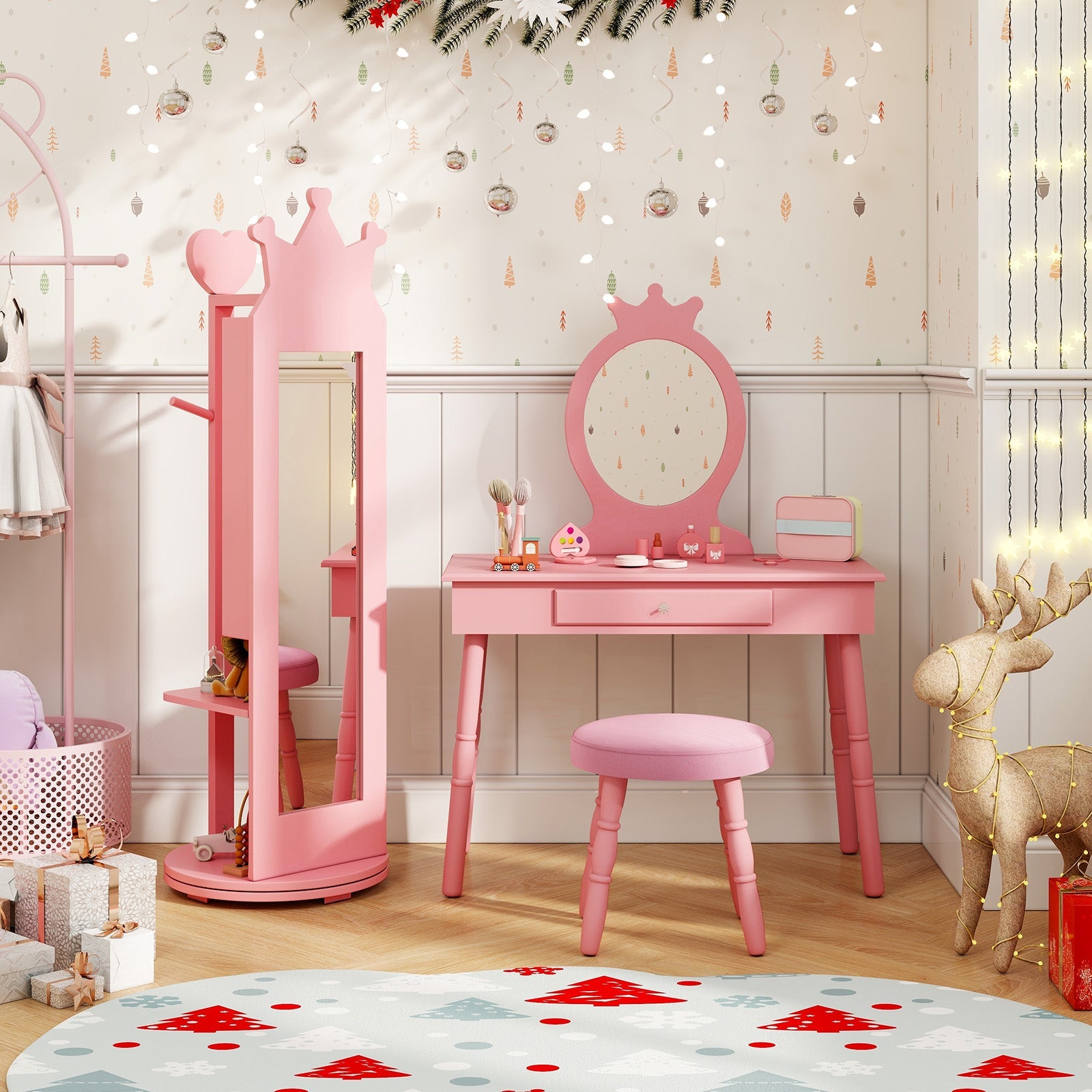 Free-Standing Full Length Mirror Kids Jewelry Armoire Cabinet-Pink