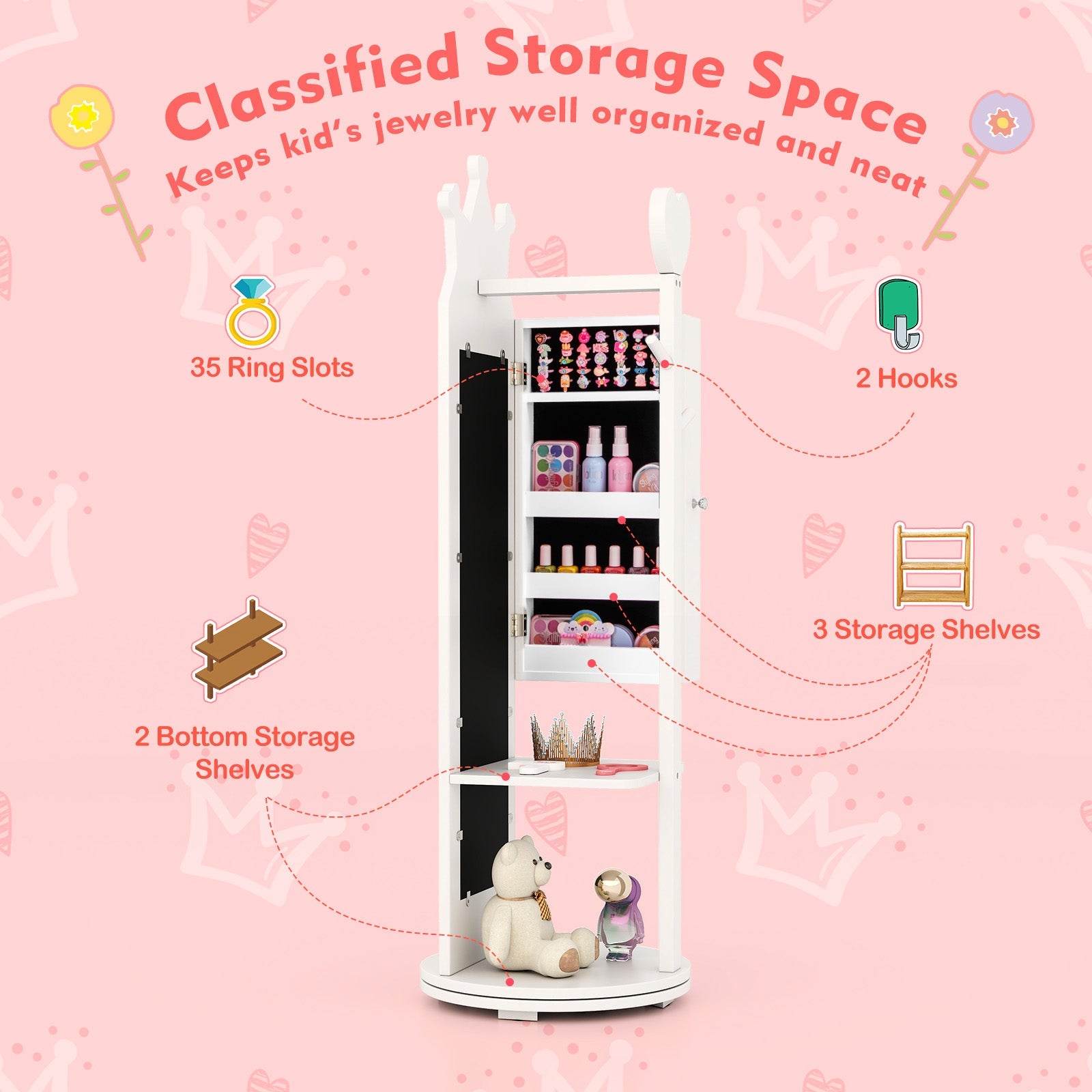 Free-Standing Full Length Mirror Kids Jewelry Armoire Cabinet-White