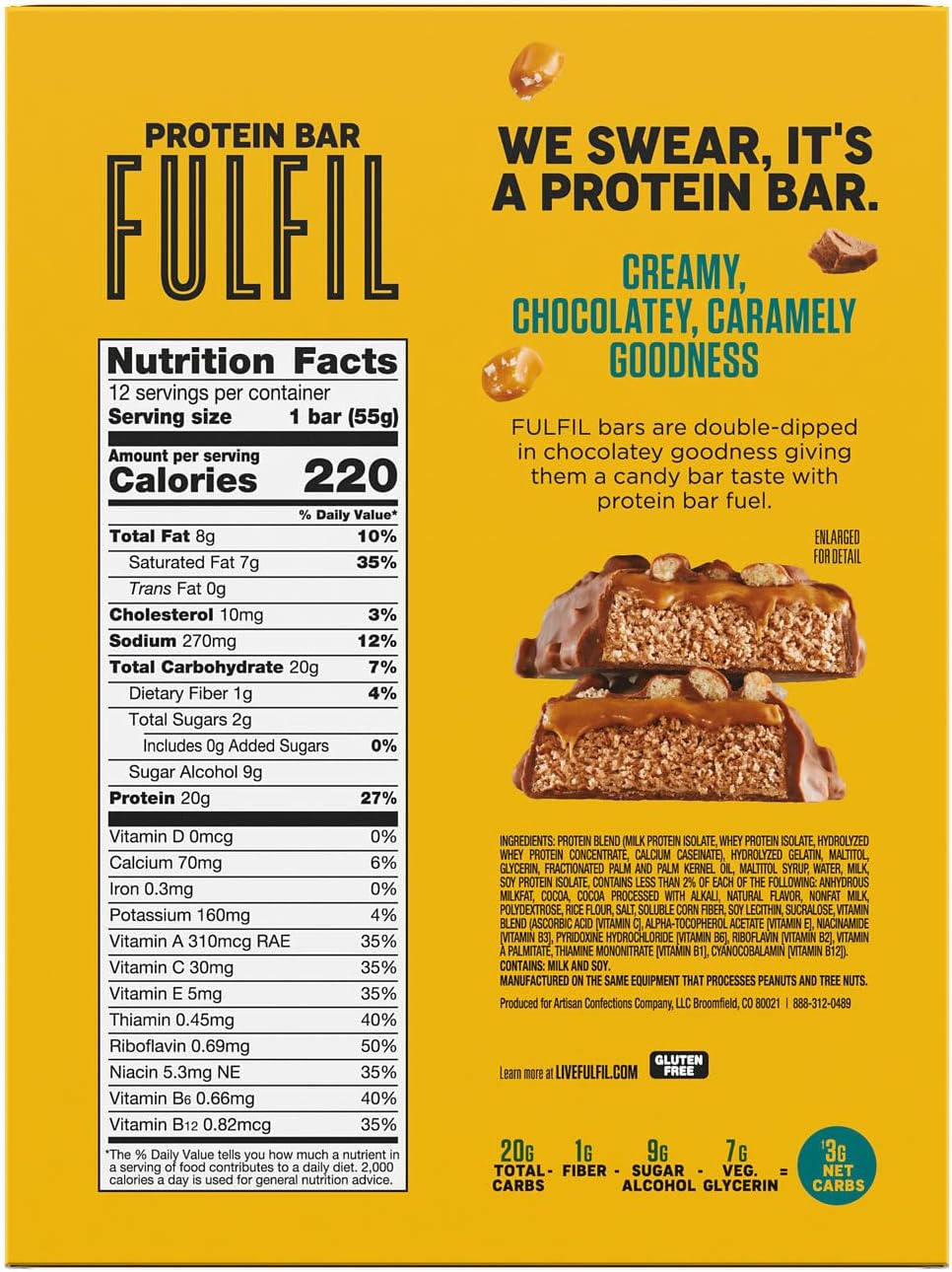 Fulfil Chocolate Salted Caramel Protein Bar, Pack of 12 (1.41 oz)