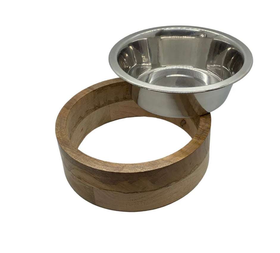 Stainless Steel Dog Bowl with Cylindrical Mango Wood Holder