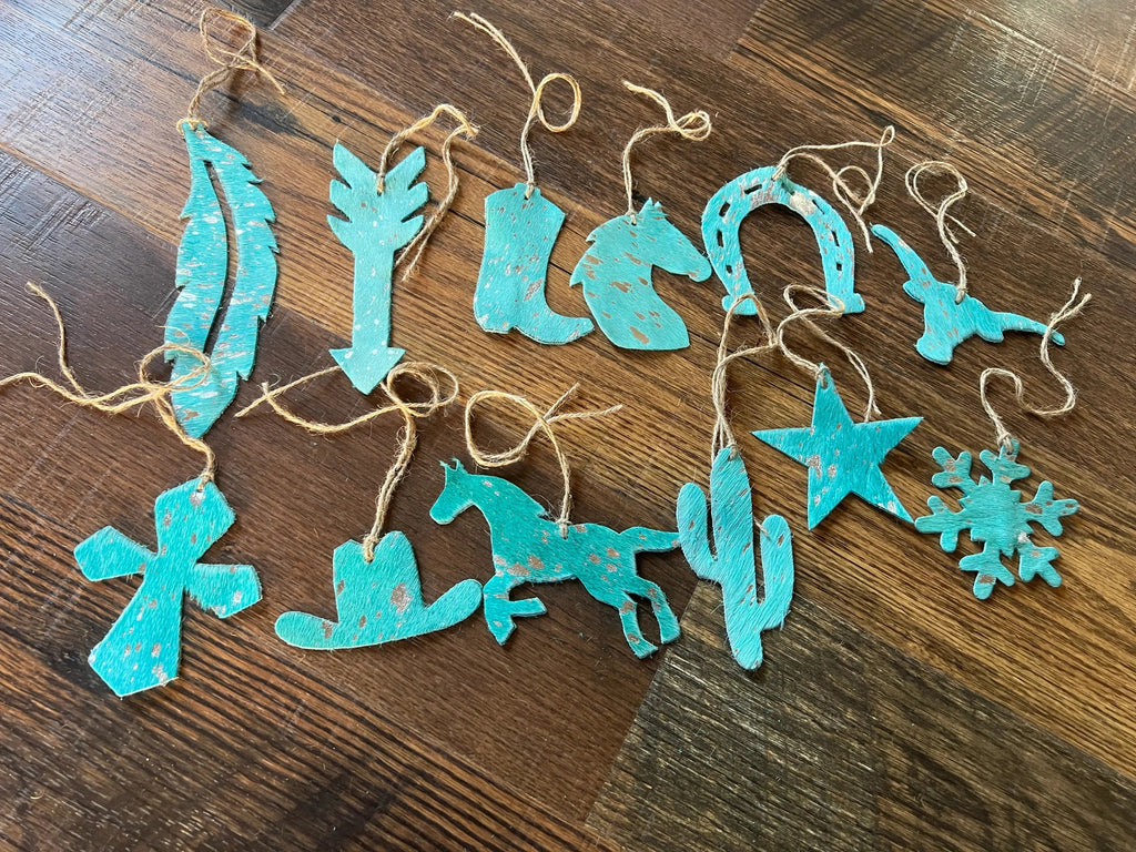 Teal Leather Cowhide Christmas Ornament - Sold Individually