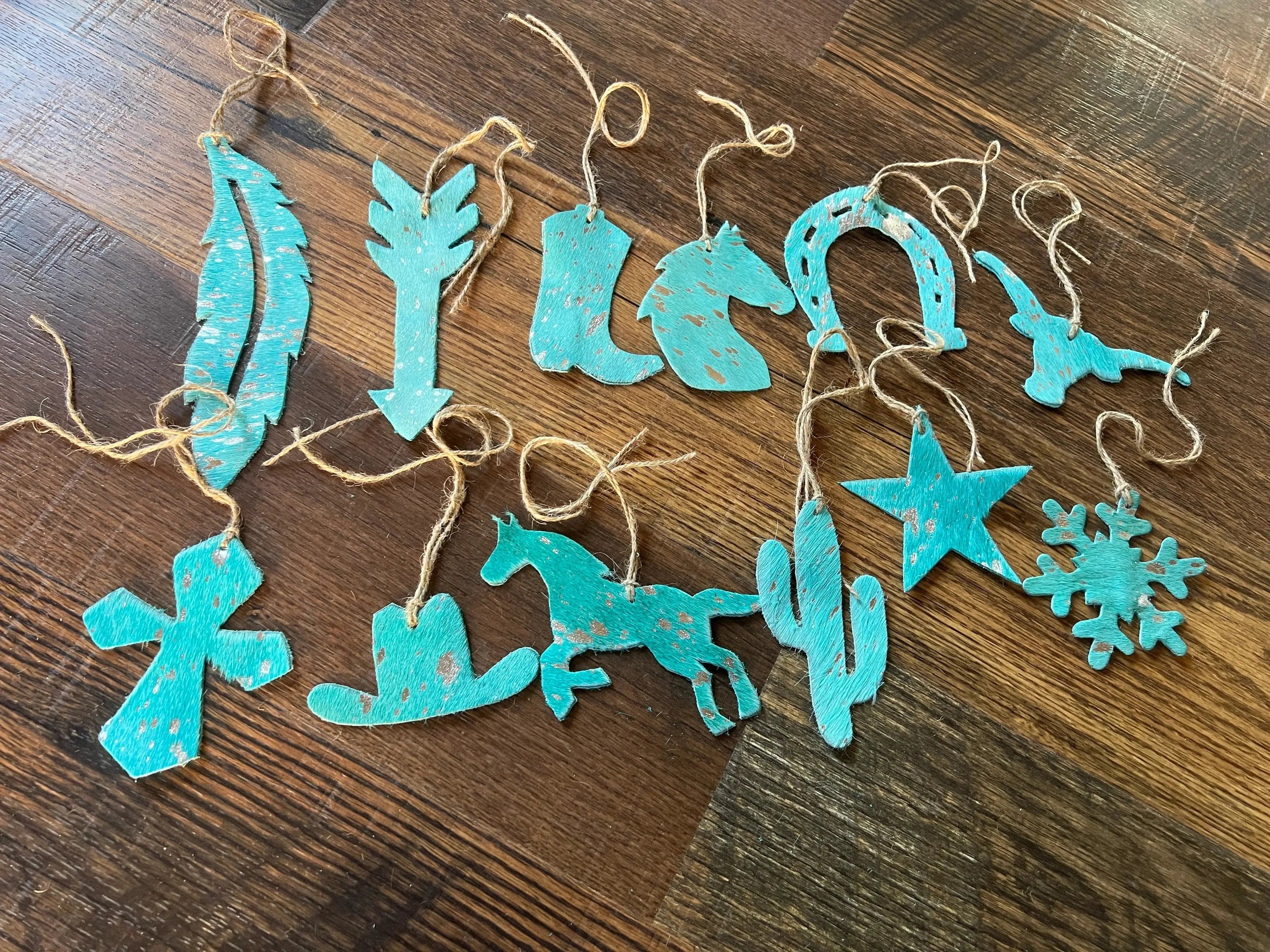Teal Leather Cowhide Christmas Ornament - Sold Individually