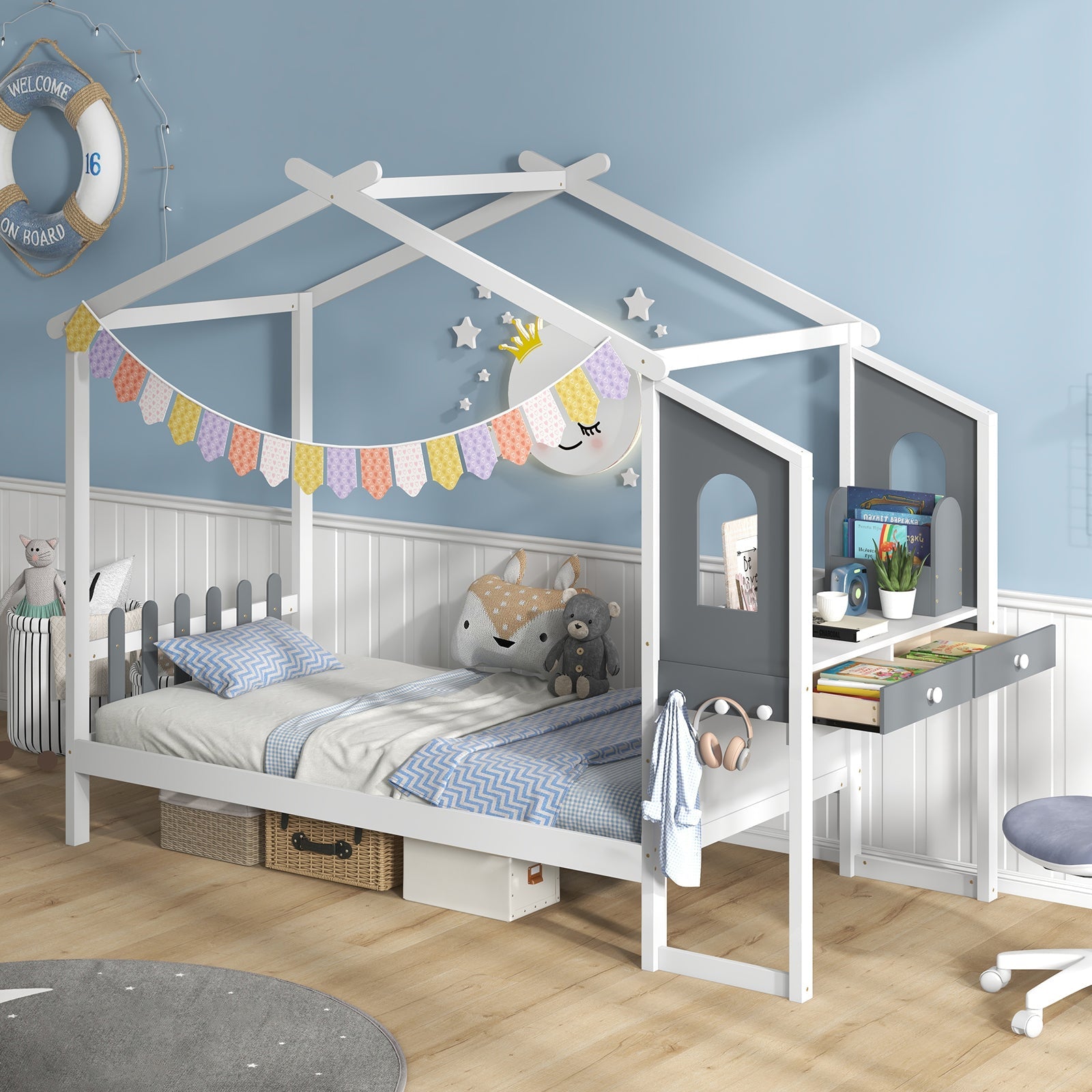 Twin/Full Bed Frame with House Roof Canopy and Fence for Kids-Full Size
