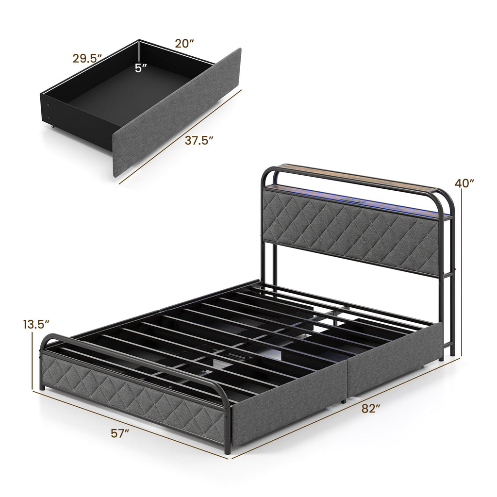 Twin/Full/Queen Size Bed Frame with LED Lights and Charging Station