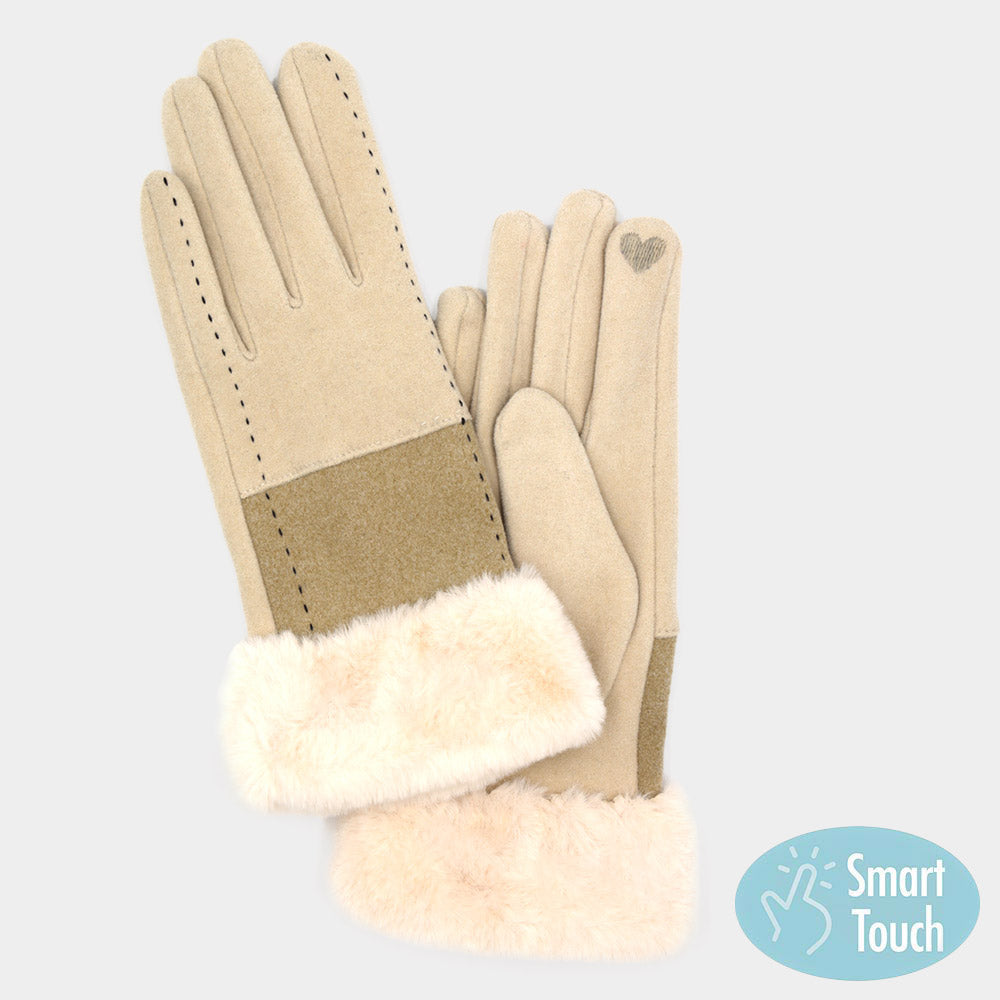 Two Tone And Stitch Lines Faux Fur Cuff Smart Touch Gloves