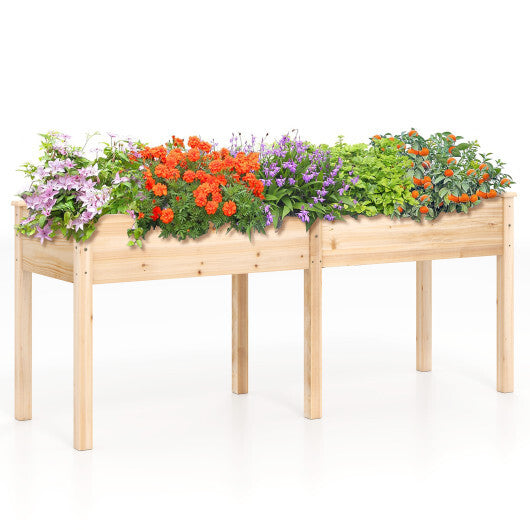 Fir Wood Outdoor Raised Garden Bed with Divider Panel and Drainage Holes-Natural