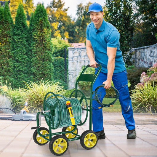 Garden Hose Reel Cart Metal Hose Cart with 4 Wheels and Storage Basket-Green