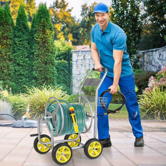 Garden Hose Reel Cart Metal Hose Cart with 4 Wheels and Storage Basket-Green
