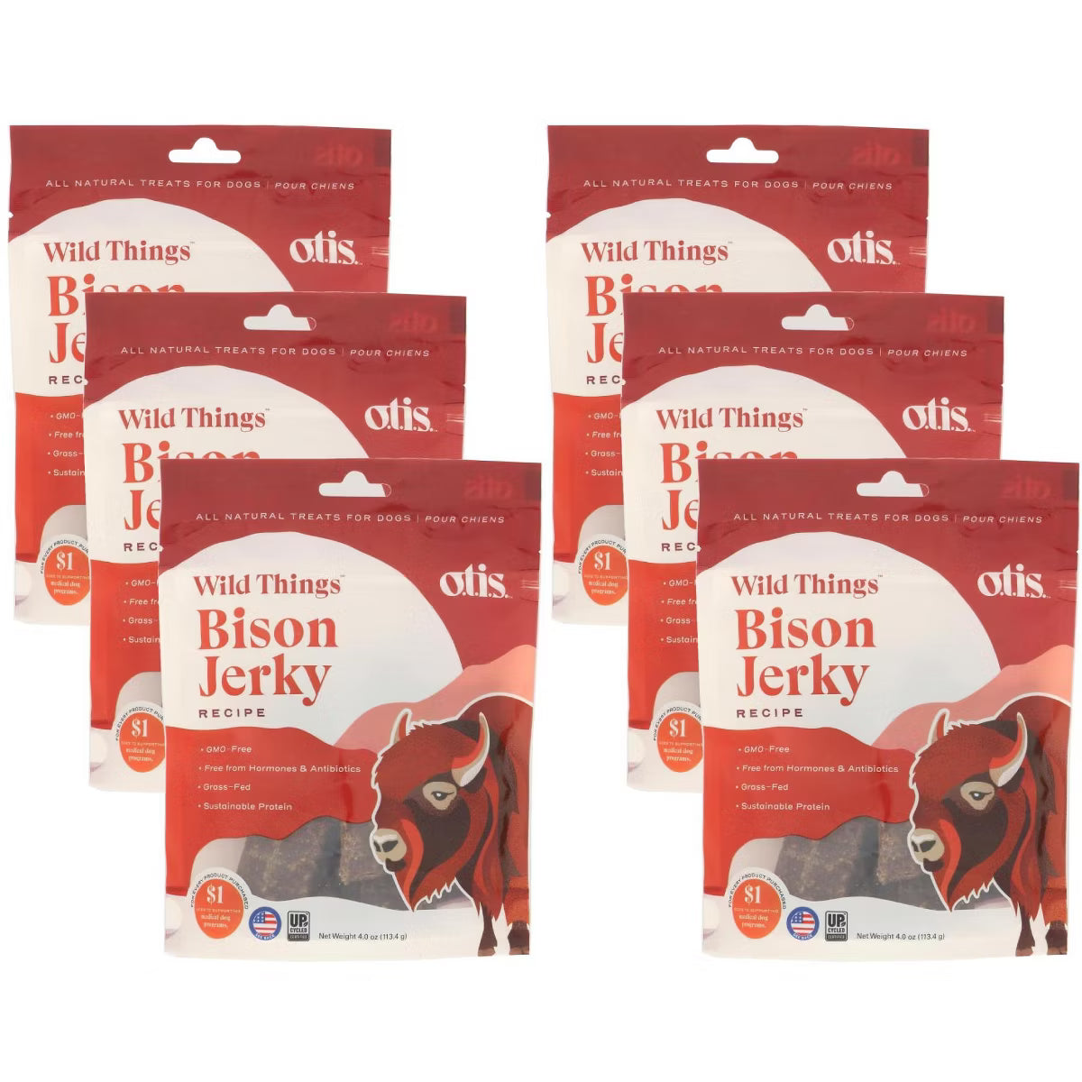 O.t.i.s. Wild Things Bison Jerky Dog Treats, 6-Pack, 4 oz Each
