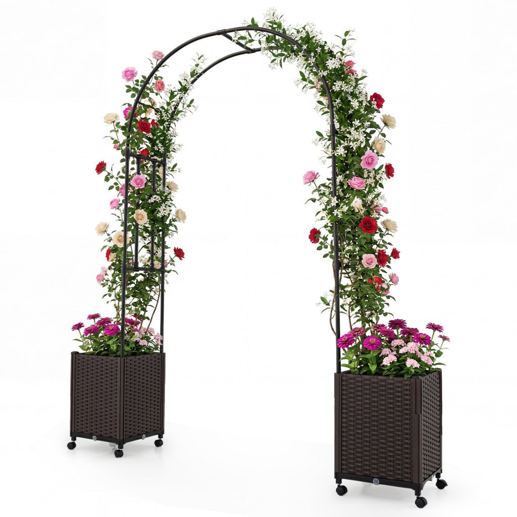 Garden Arch Trellis with 2 Self-watering Planter Boxes for Party Yard Lawn