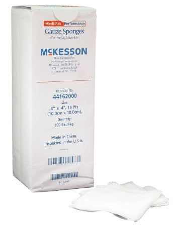 Gauze Sponge McKesson 4 X 4 Inch 16-Ply NonSterile 200 per Pack - 44162000