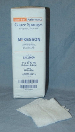 Gauze Sponge McKesson 3 X 3 Inch 12-Ply NonSterile 200 per Pack - 33122000