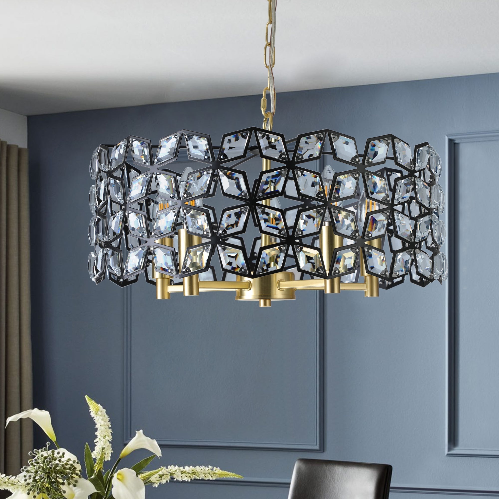Modern K9 Crystal Geometric Chandelier | 5-Light Black & Gold Round Pendant Light — 19"–39" Adjustable, Dining Room, Living Room & Bedroom