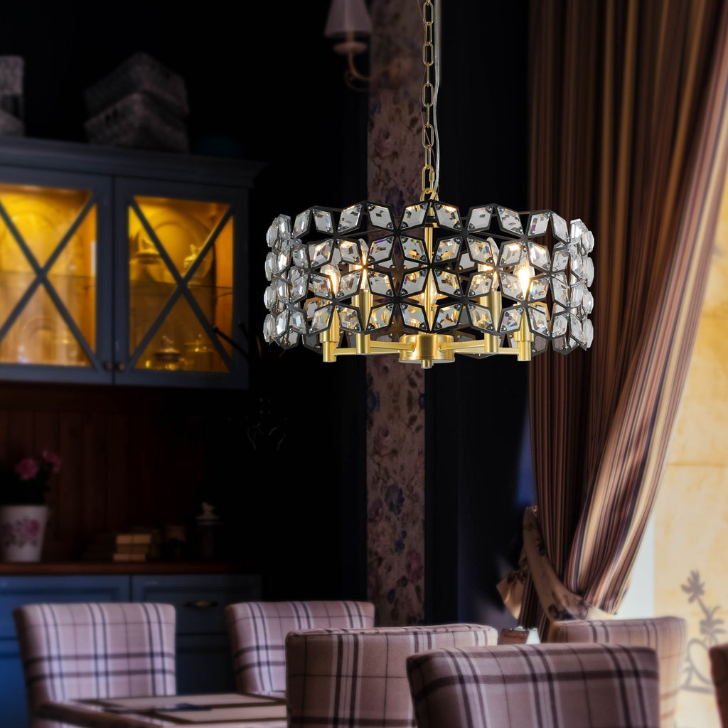 Modern K9 Crystal Geometric Chandelier | 5-Light Black & Gold Round Pendant Light — 19"–39" Adjustable, Dining Room, Living Room & Bedroom