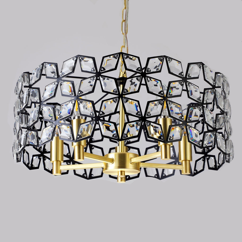 Modern K9 Crystal Geometric Chandelier | 5-Light Black & Gold Round Pendant Light — 19"–39" Adjustable, Dining Room, Living Room & Bedroom
