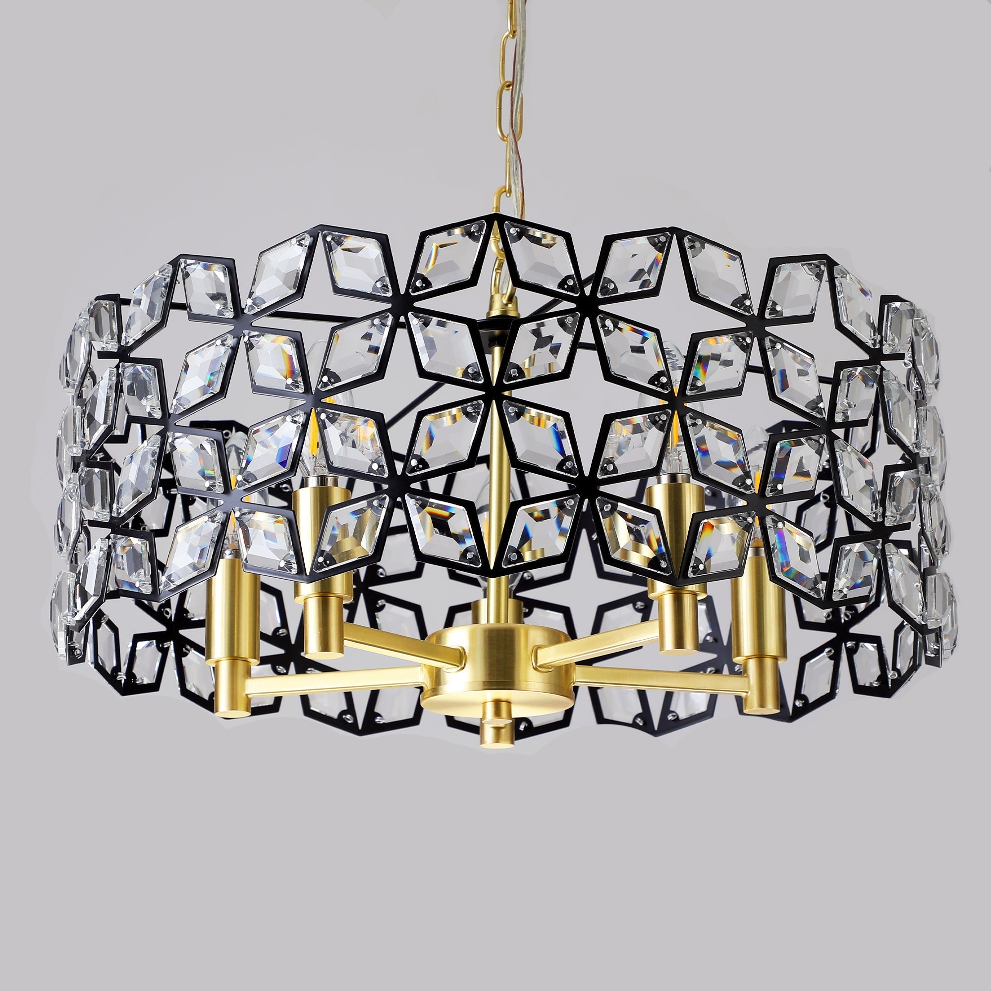 Modern K9 Crystal Geometric Chandelier | 5-Light Black & Gold Round Pendant Light — 19"–39" Adjustable, Dining Room, Living Room & Bedroom