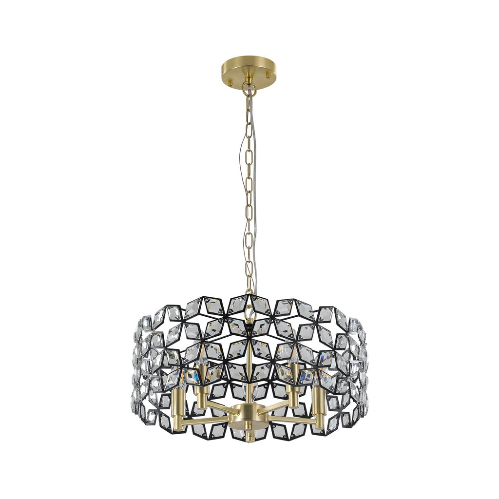 Modern K9 Crystal Geometric Chandelier | 5-Light Black & Gold Round Pendant Light — 19"–39" Adjustable, Dining Room, Living Room & Bedroom