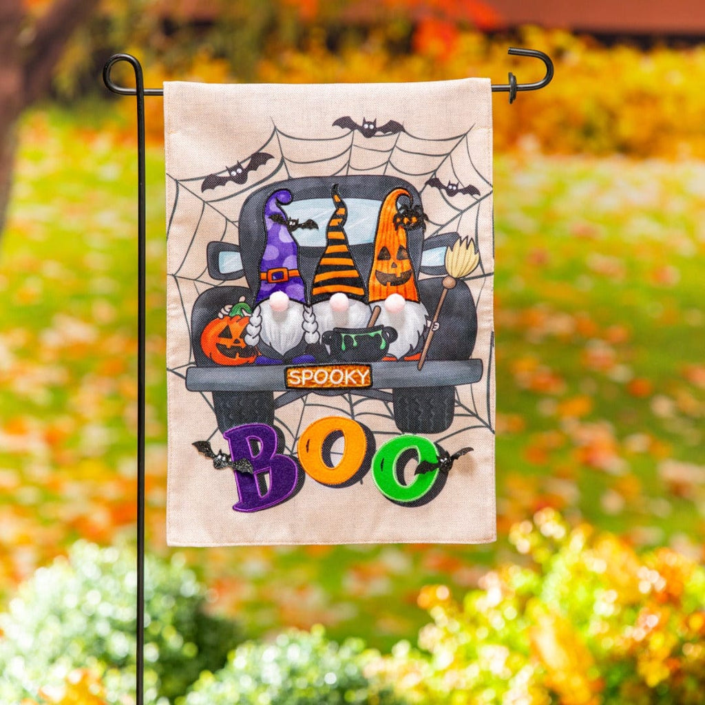 Gnome Spooky Truck Halloween Garden Flag 2 Sided Burlap