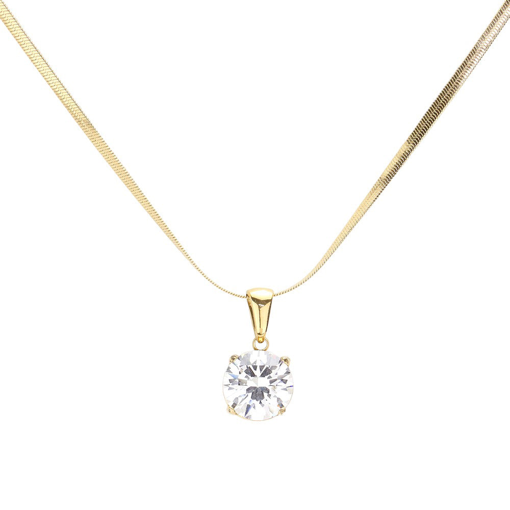 18K Gold Dipped Stainless Steel CZ Round Pendant Necklace