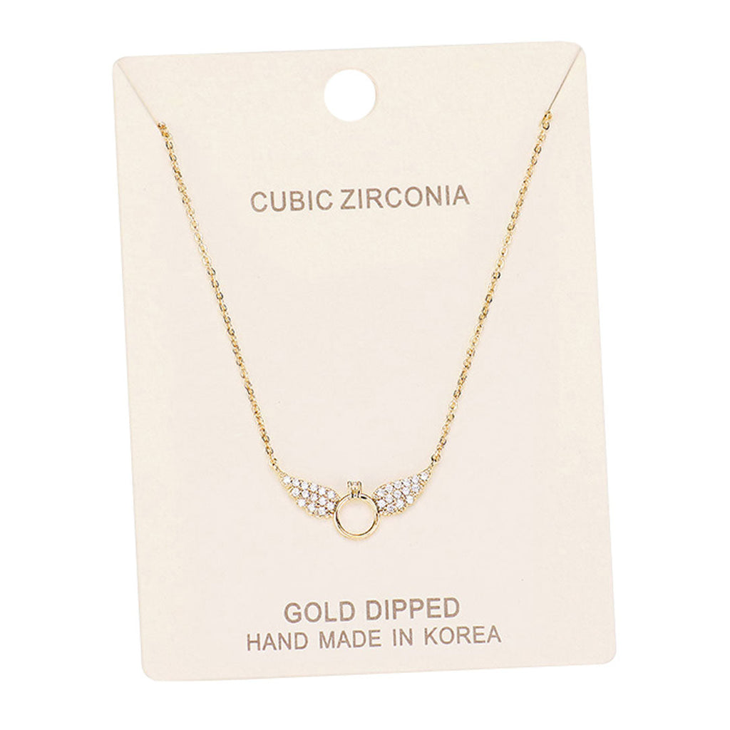 Gold Dipped Cubic Zirconia Wings Pendant Necklace