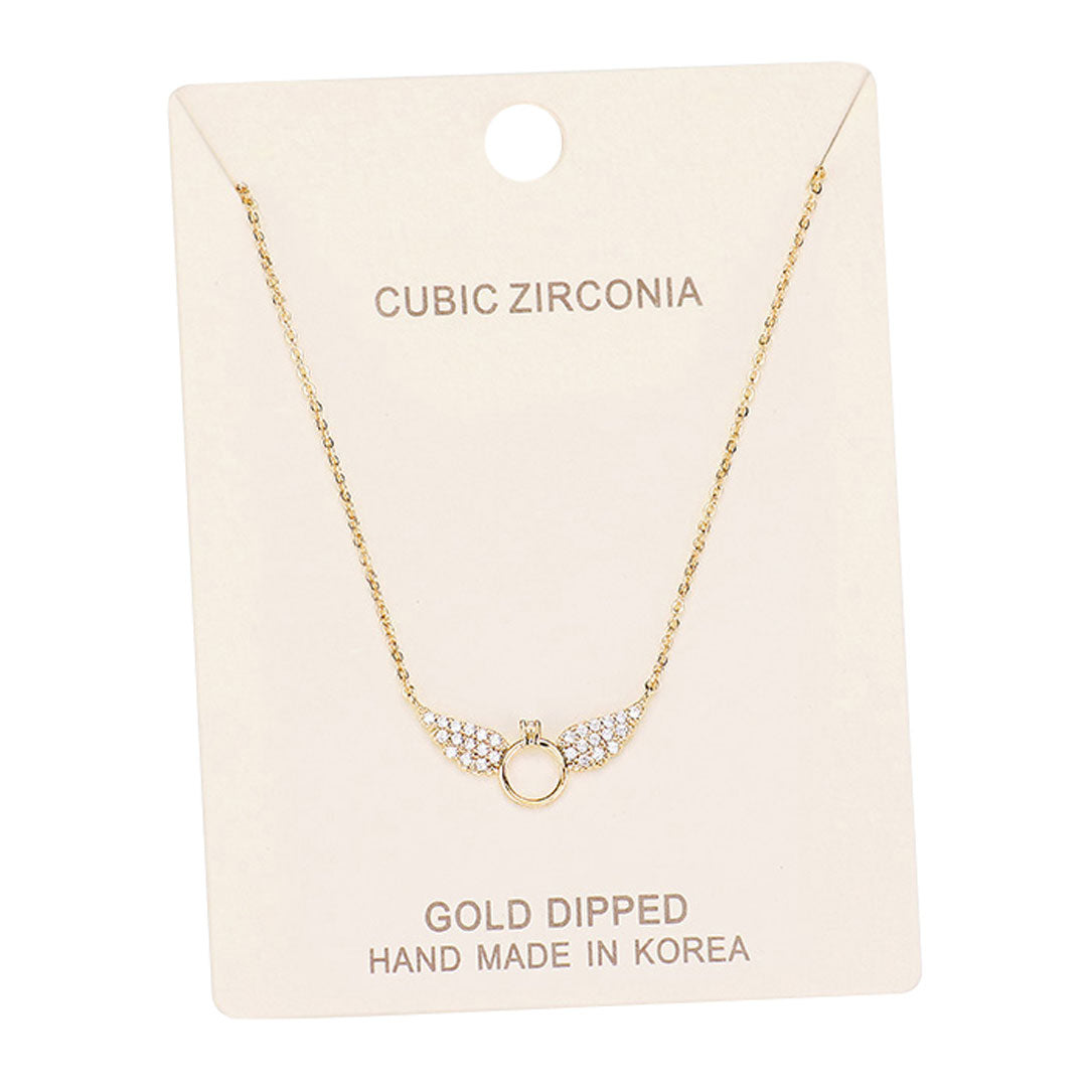 Gold Dipped Cubic Zirconia Wings Pendant Necklace