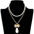 Pearl Chain Rhinestone Pave Ribbon Dangle Pendant Necklace