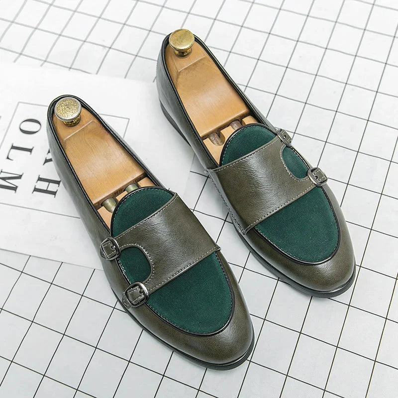 Green Shallow Loafers Double Buckle &nbsp;Men Fashion Shoes.