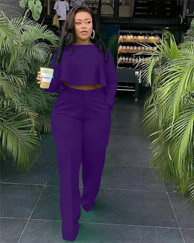 Elegant Work Wear Two Piece Set Fall Clothes for Women Ruffles Crop Top and Wide Leg Pants Suits Matching Sets Sexy Club Outfits