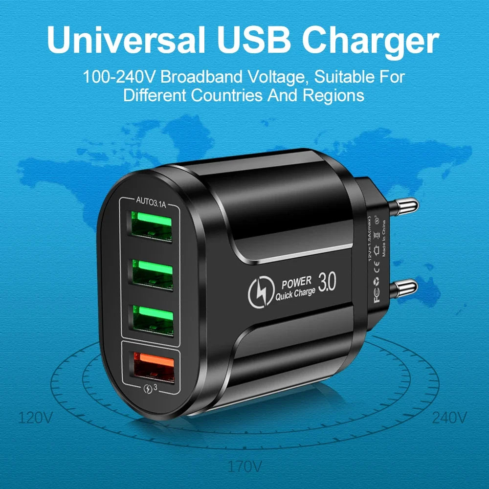 EU US Plug 4 USB 45W USB Charger Fast Charge QC 3.0 Wall Charging For iPhone 12 11 Samsung Xiaomi Mobile 4 Ports Adapter Travel