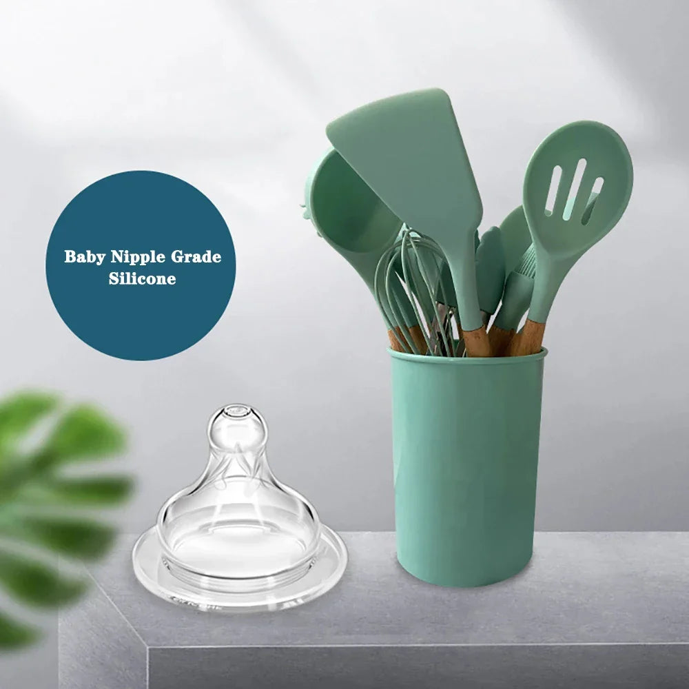 Silicone Kitchen Utensil Set With Wooden Handles Nonstick Spatulas Ladle