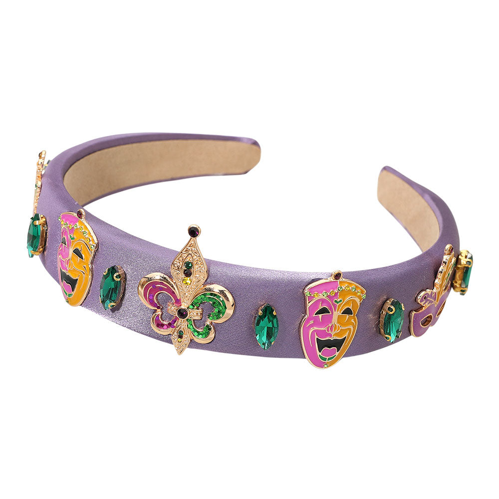 Enamel Mardi Gras Jester Mask Fleur de Lis Charm Embellished Headband