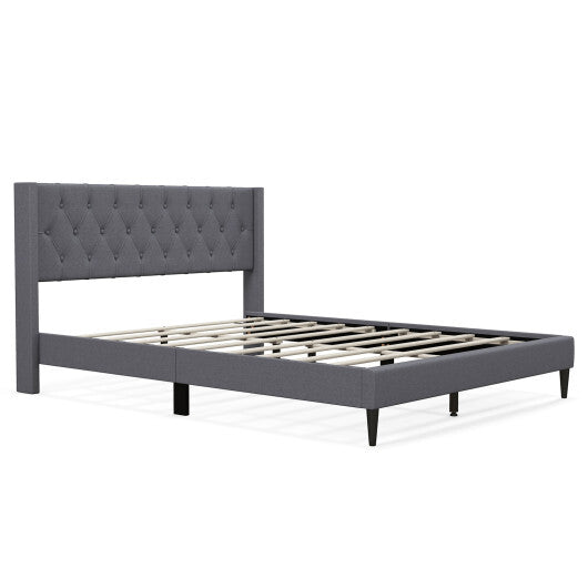 Queen Size Upholstered Platform Bed with Button Tufted Wingback Headboard-Blue