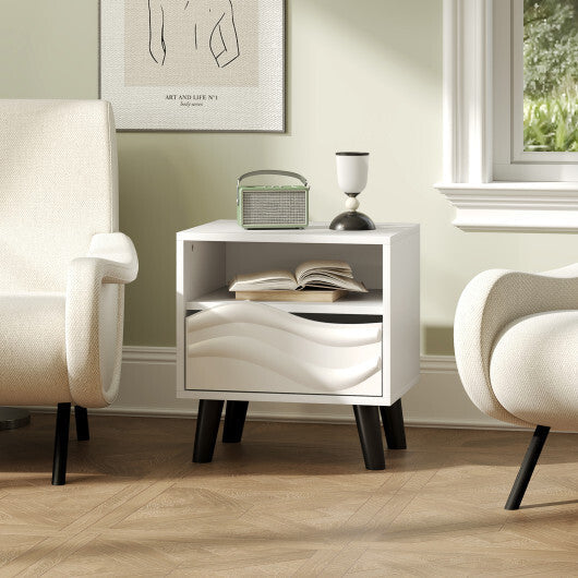 Nightstand Mid Century Modern Bedside Table with 3D Wavy Pattern and Open Shelf-White