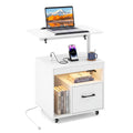 LED Nightstand with Power Outlets Modern Bedside Table with Flip over-White