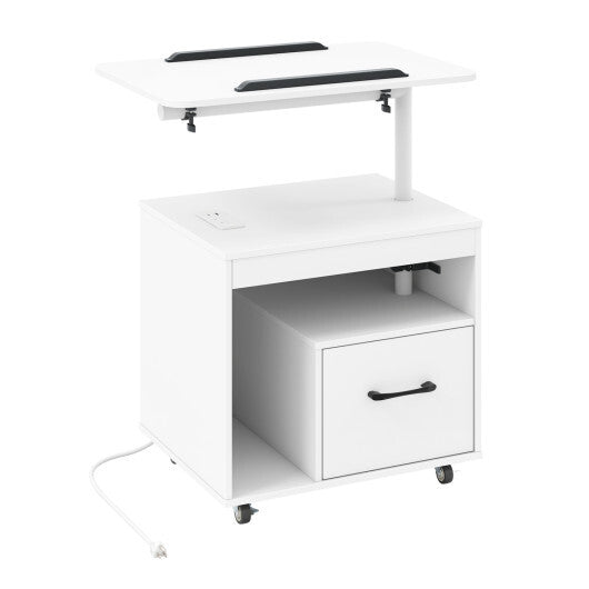 LED Nightstand with Power Outlets Modern Bedside Table with Flip over-White